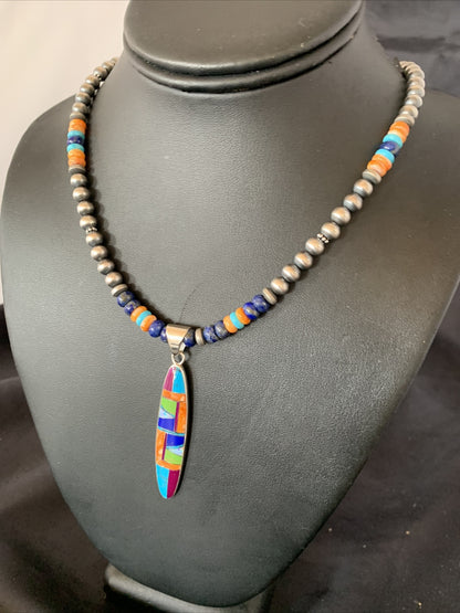 Turquoise & Spiny Oyster Inlay Pendant Navajo Sterling Silver Necklace 11637