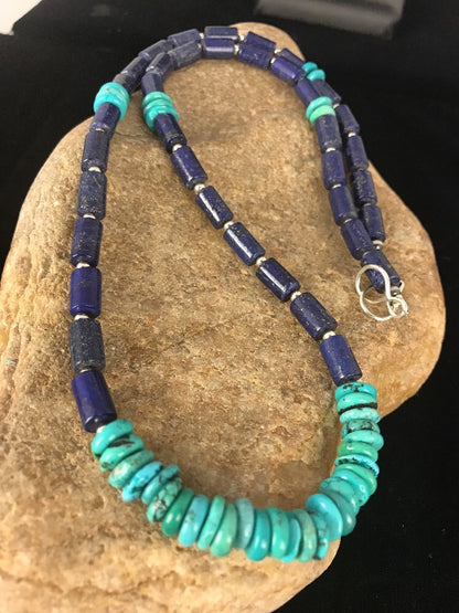 Blue Turquoise Lapis Navajo Pearls Sterling Silver Necklace 23" 03245