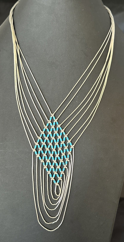 Turquoise Heishi Tubes Pendant 7 Strand Liquid Sterling Silver Necklace 19748