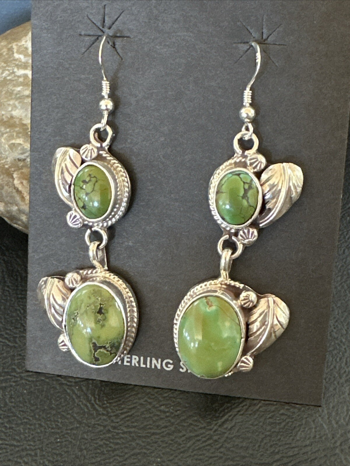 Native Navajo Green Turquoise Sterling Silver Dangle Earrings 2” 17699