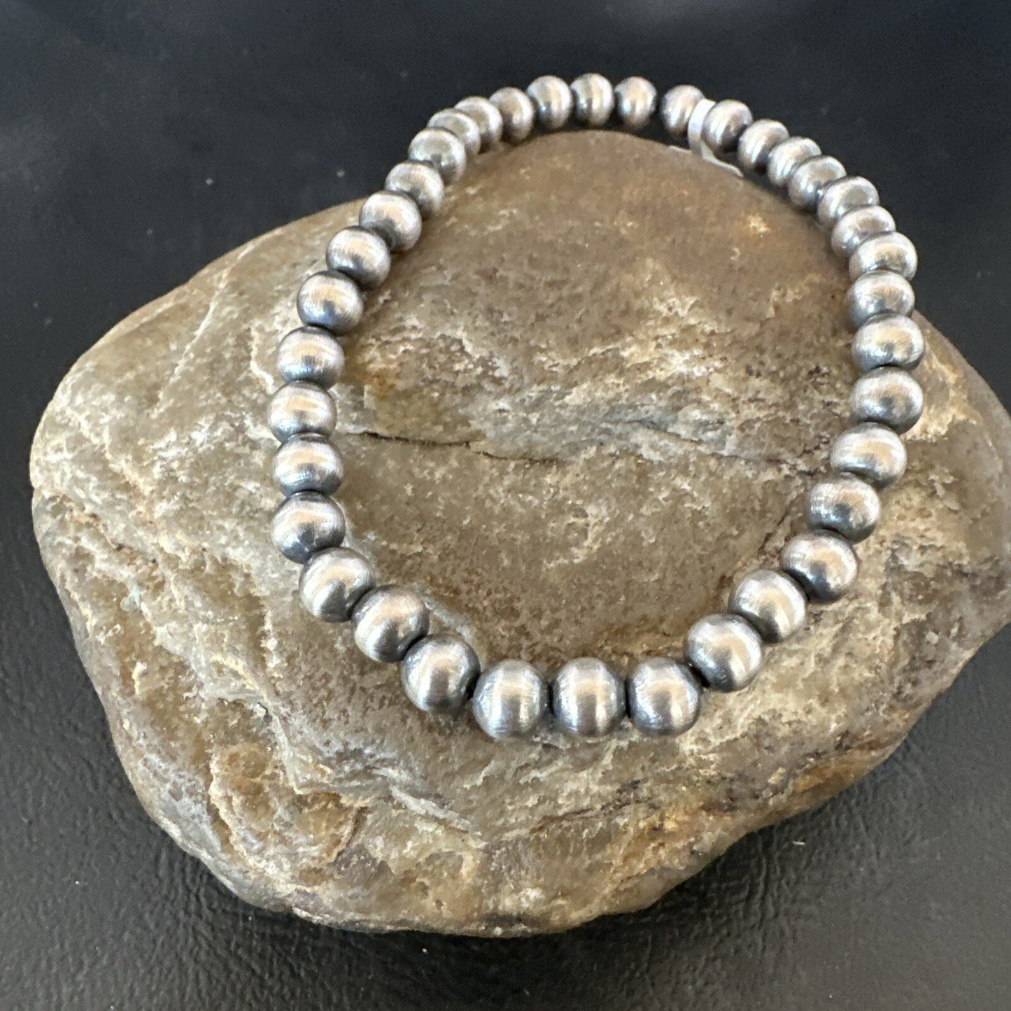 Native American 6mm Beads 8” Sterling Silver Stretch Beads Bracelet 99068