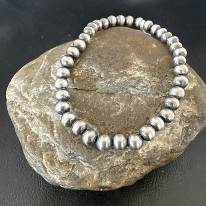 Native American 6mm Beads 8” Sterling Silver Stretch Beads Bracelet 99068