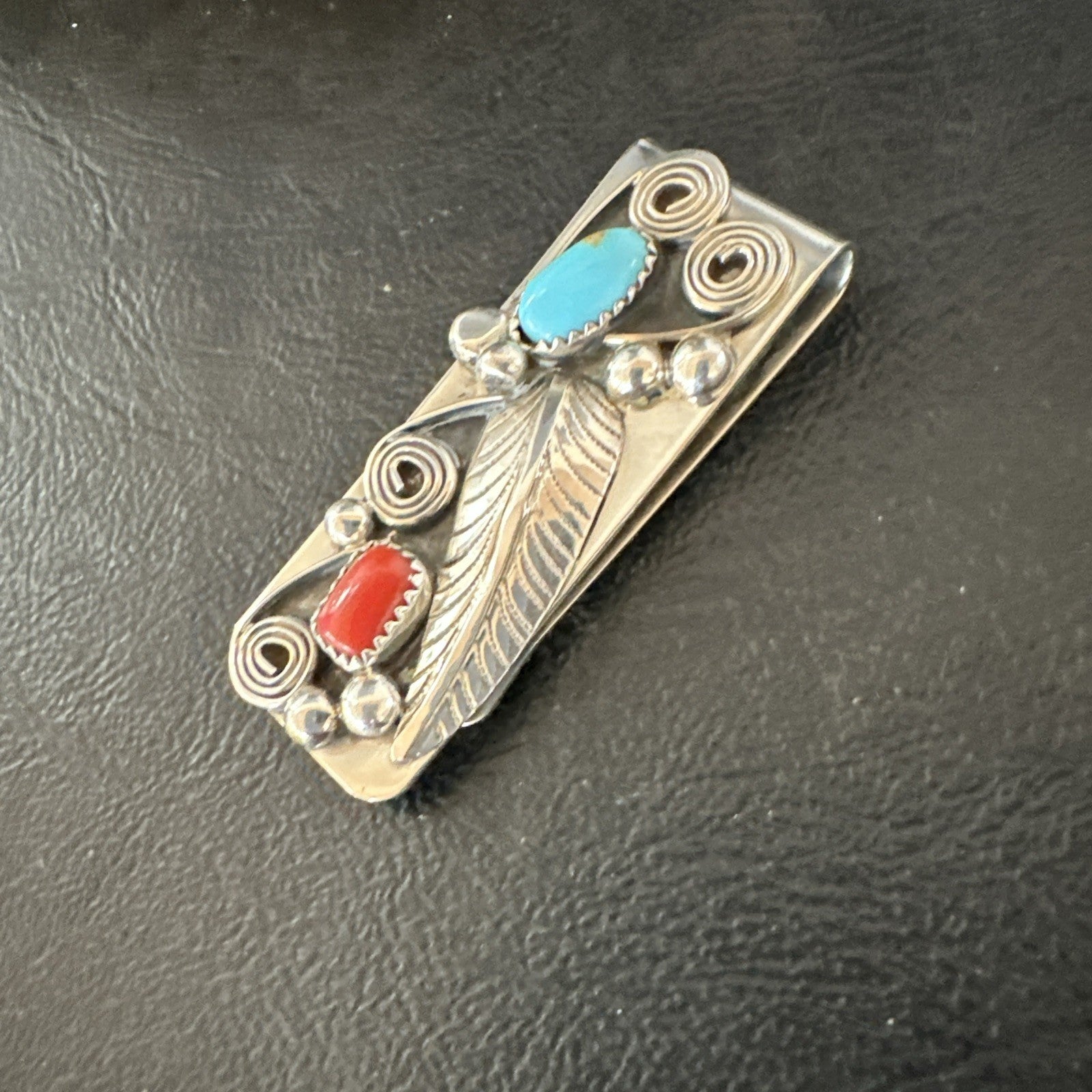 Mens Women Blue Turquoise Coral Navajo Stainless Stamped Silver Money Clip 19735