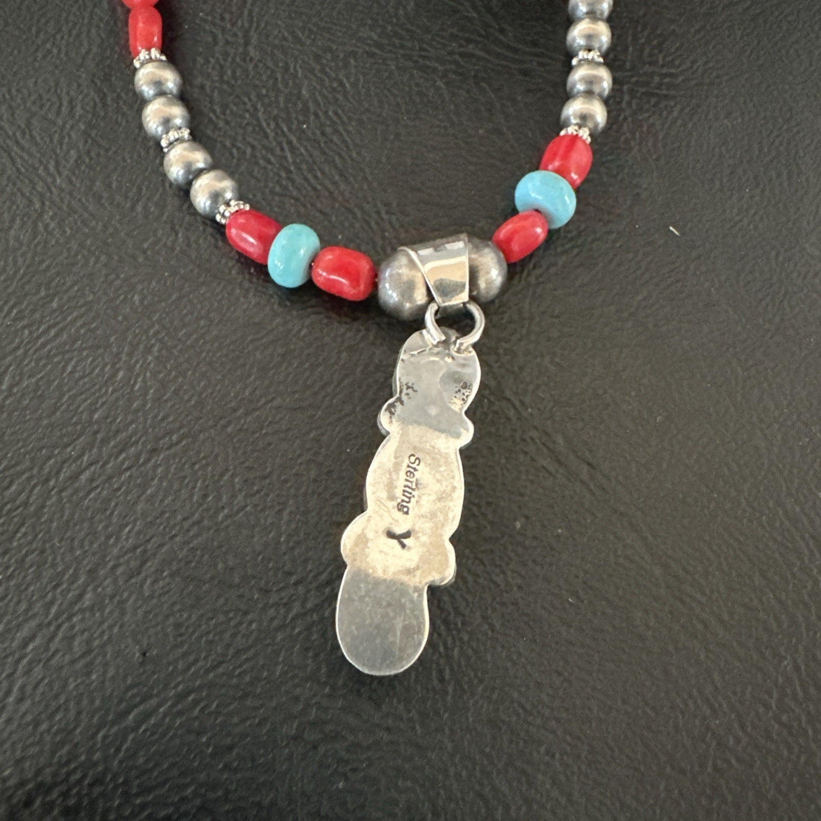 Multicolor Turquoise Coral Navajo Sterling Silver Cluster Pendant Necklace 19654