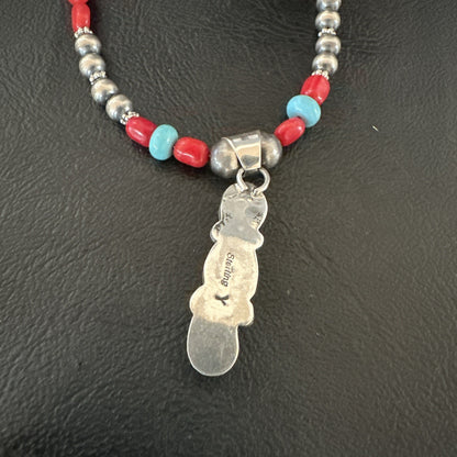 Multicolor Turquoise Coral Navajo Sterling Silver Cluster Pendant Necklace 19654