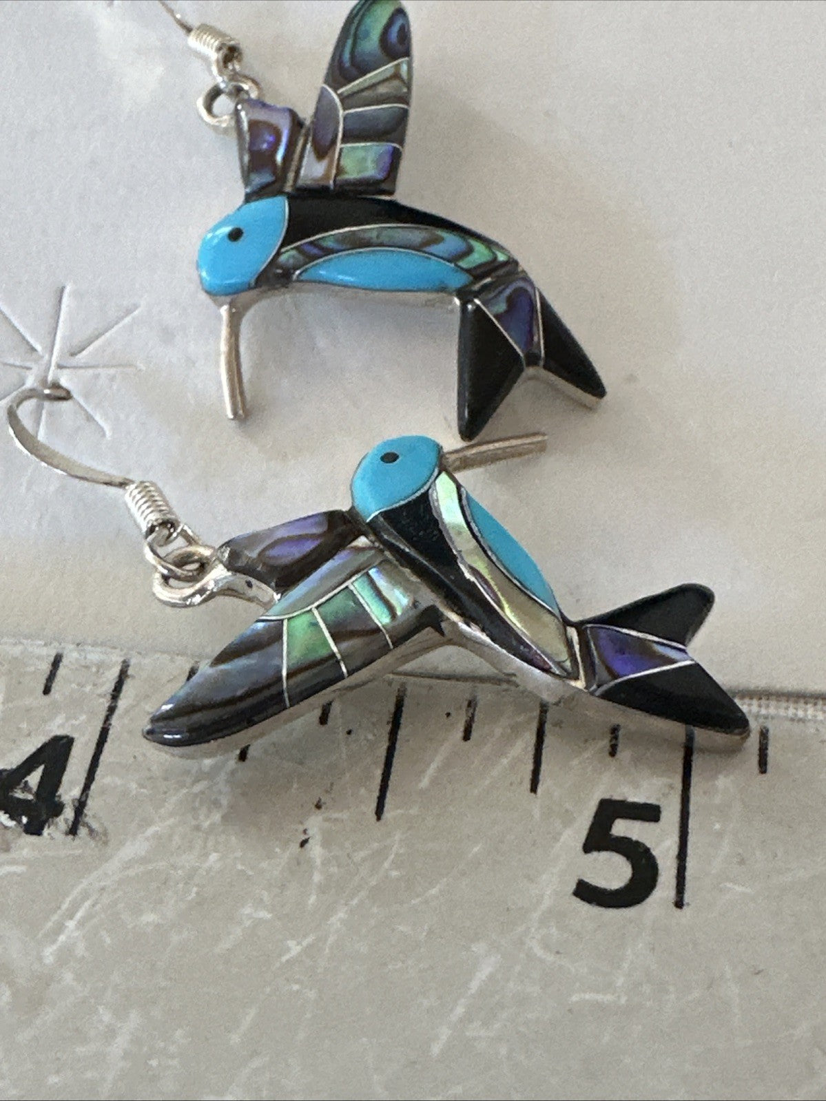 Blue Turquoise Pava Shell Sterling Silver Hummingbird Dangle Earrings 19814