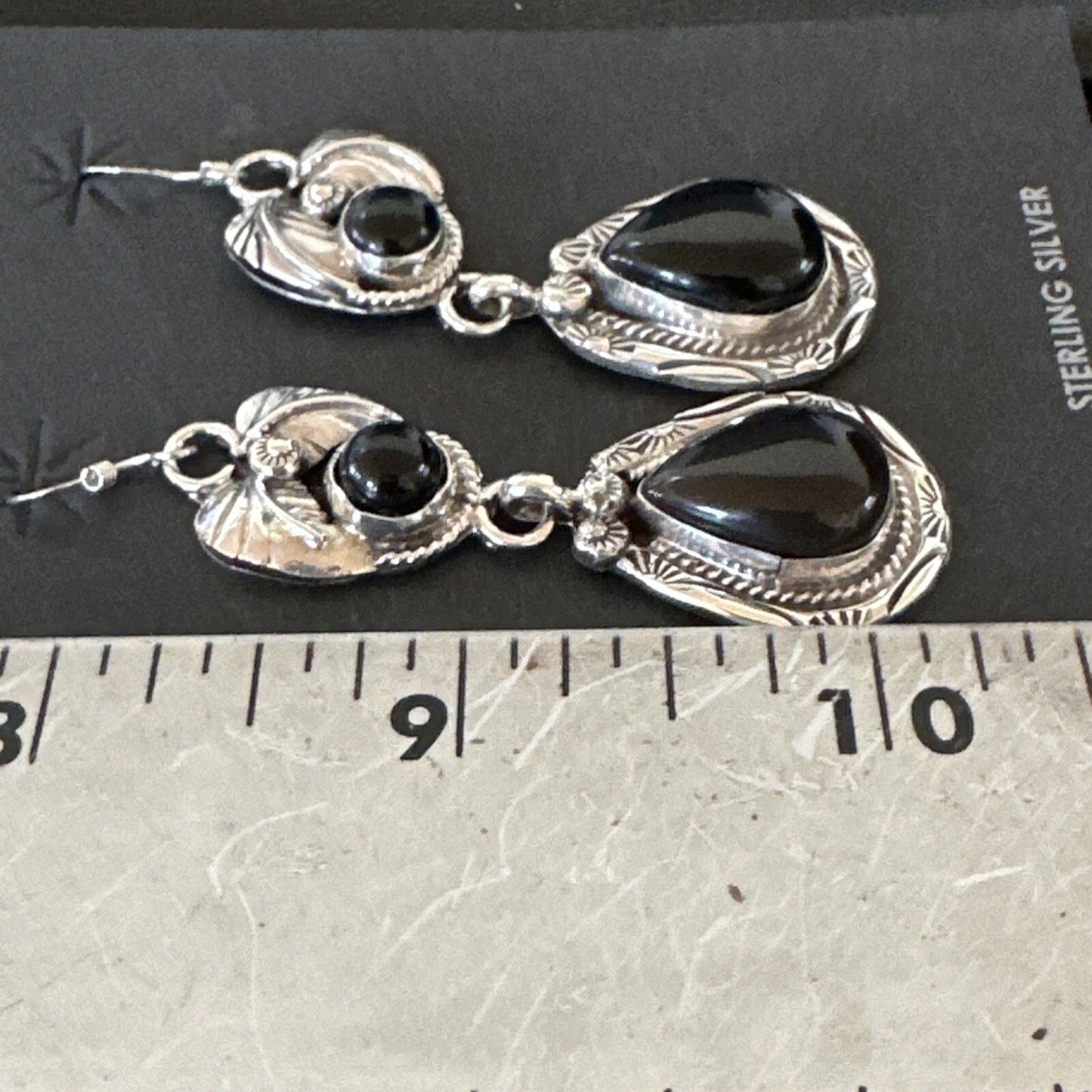 Black Onyx Navajo Sterling Silver Dangle Earrings 1.5" 18286