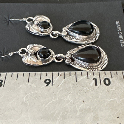 Black Onyx Navajo Sterling Silver Dangle Earrings 1.5" 18286