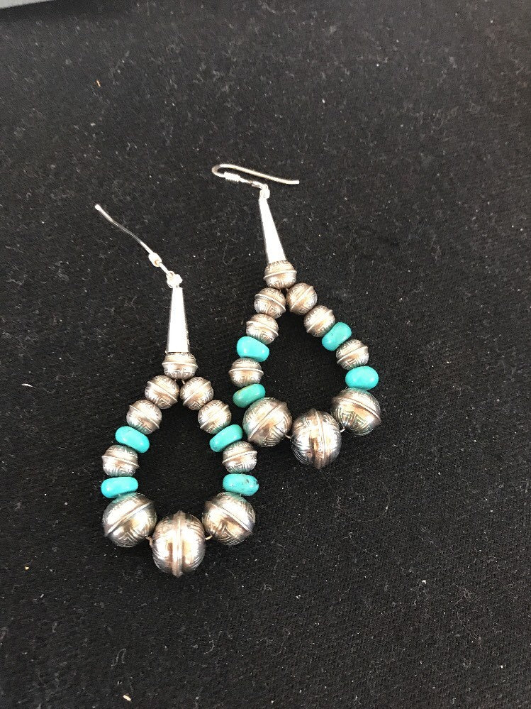 Native Sterling Silver Stamped Turquoise Bead Earrings 10090