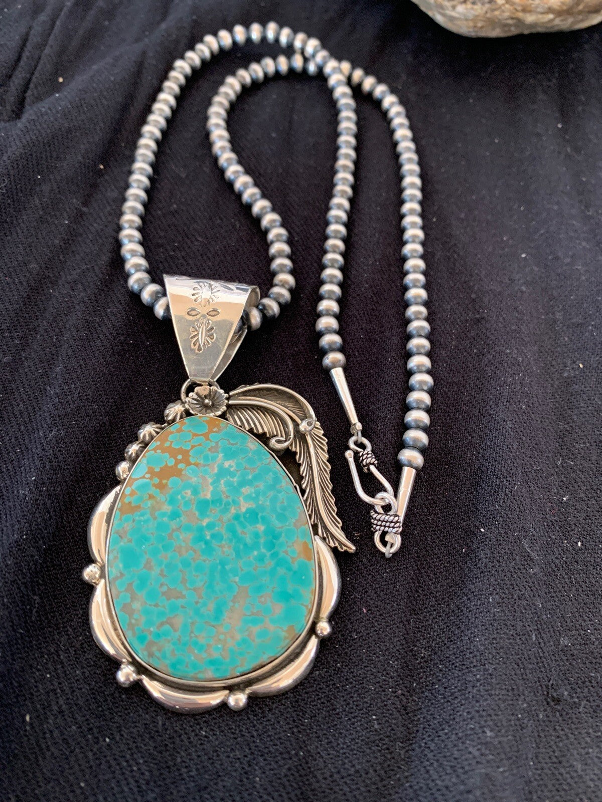 Mens Turquoise #8 Pendant Navajo Sterling Silver Beads Necklace 04619
