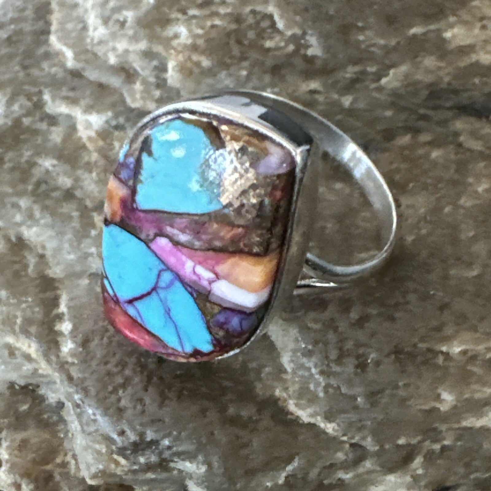 Blue Turquoise Spiny Oyster Southwestern Sterling Silver Ring Size 8 18441