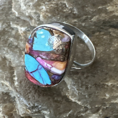 Blue Turquoise Spiny Oyster Southwestern Sterling Silver Ring Size 8 18441