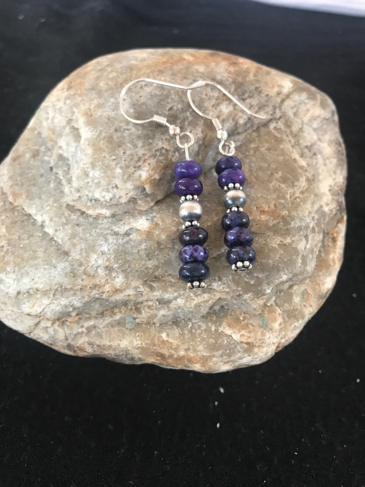 Navajo Purple Stone Sterling Silver Dangle Bead Earrings 1" 10059