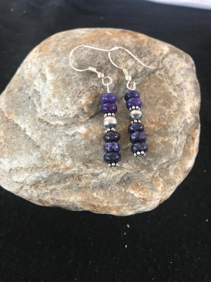 Navajo Purple Stone Sterling Silver Dangle Bead Earrings 1" 10059