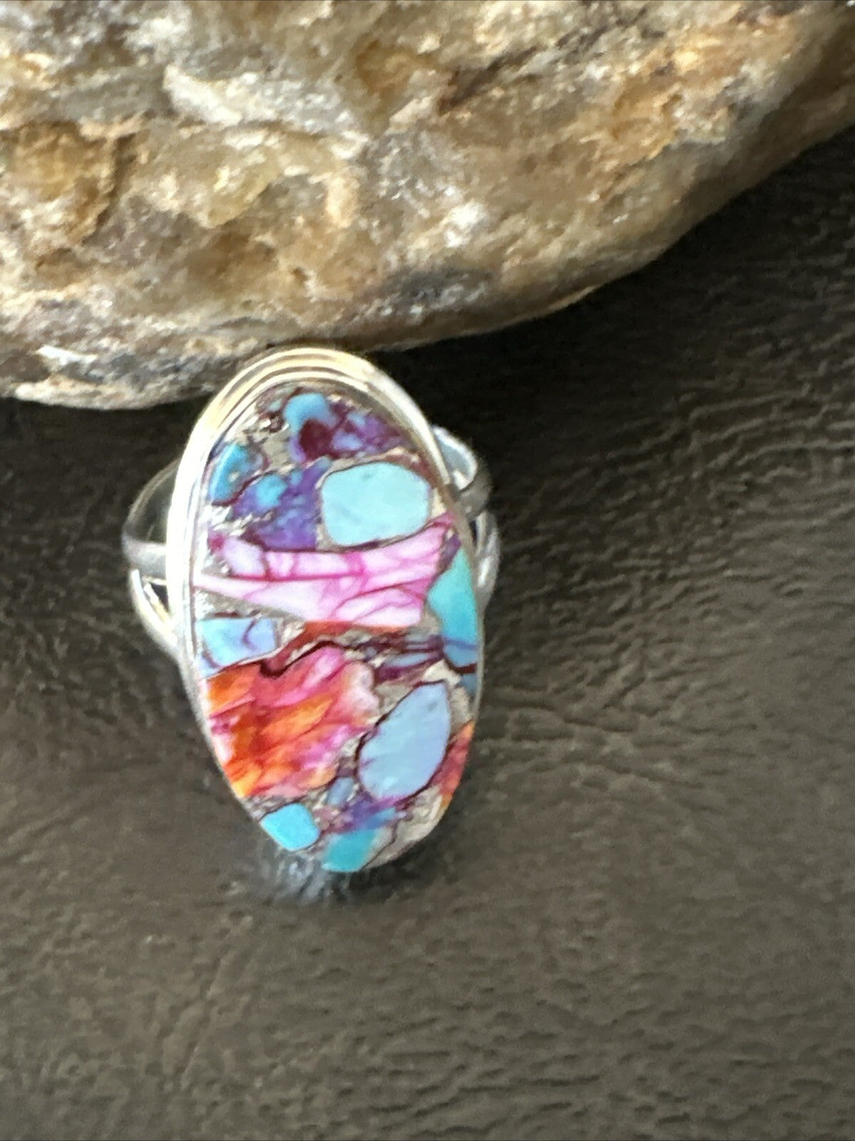 Blue Turquoise Spiny Oyster Southwestern Sterling Silver Ring Size 7 18432