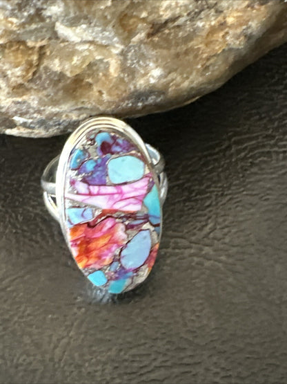 Blue Turquoise Spiny Oyster Southwestern Sterling Silver Ring Size 7 18432