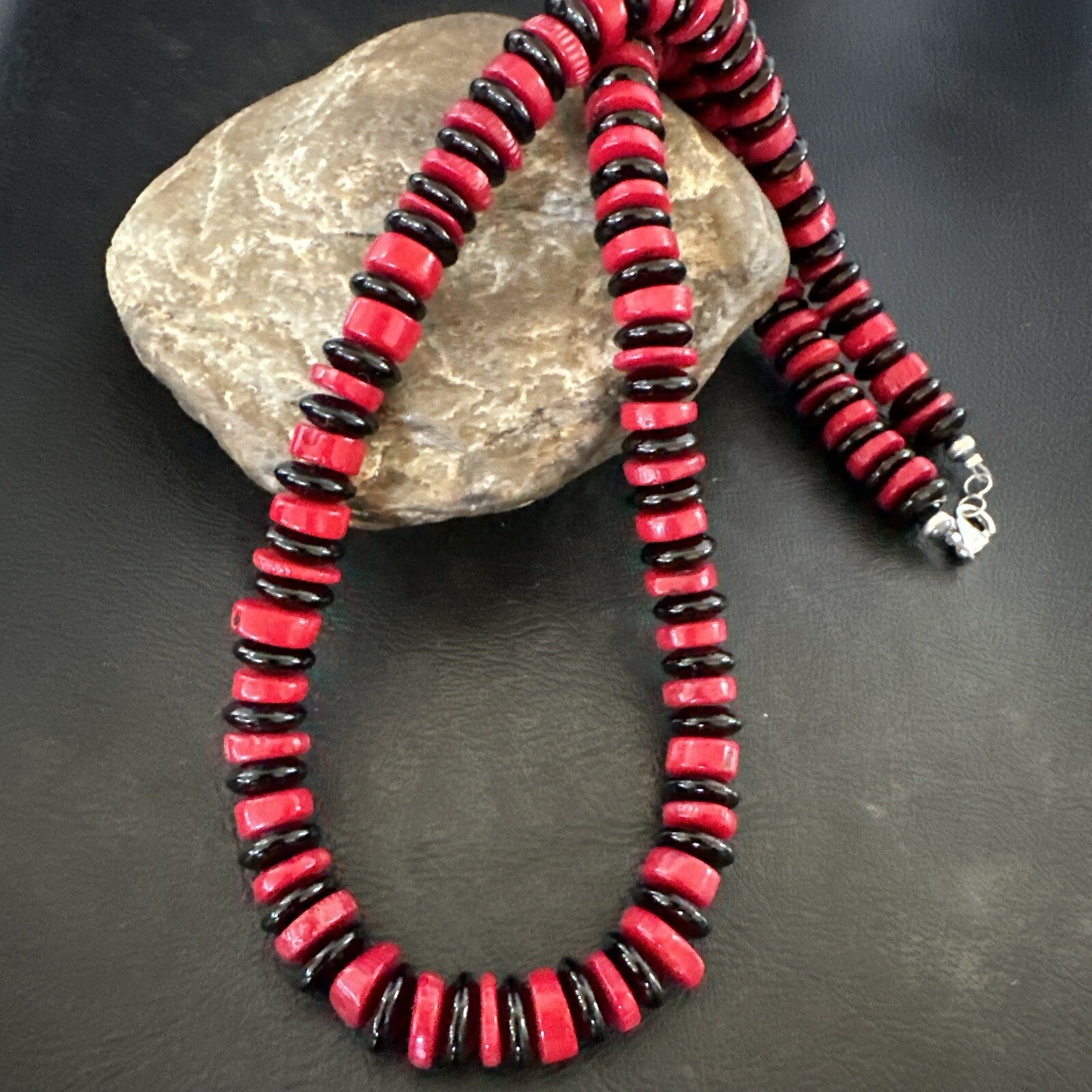 Mens Womens Red Coral Black Onyx  Navajo Sterling Silver Necklace 10mm 17869