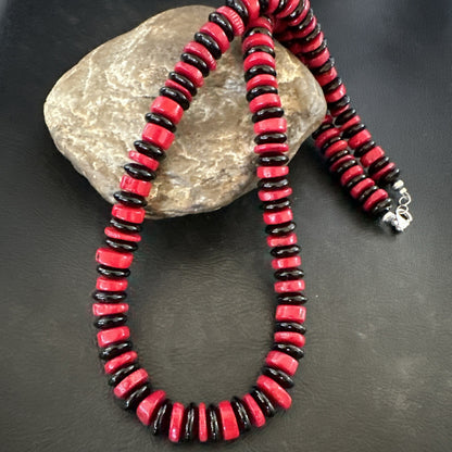 Mens Womens Red Coral Black Onyx  Navajo Sterling Silver Necklace 10mm 17869