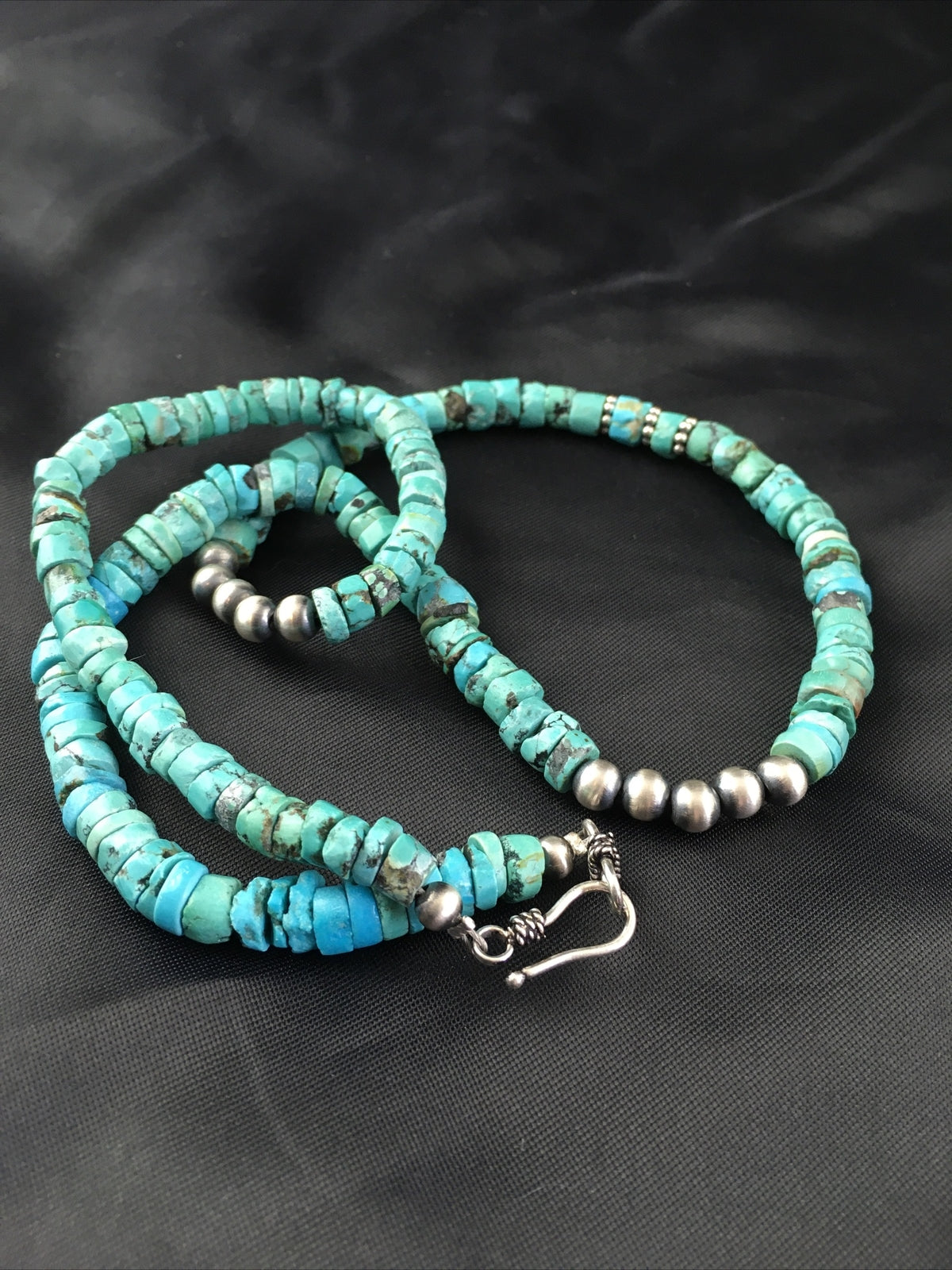 Blue Turquoise 7mm Heishi Bead Navajo Sterling Silver Necklace 1498