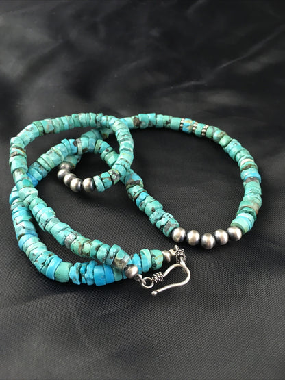 Blue Turquoise 7mm Heishi Bead Navajo Sterling Silver Necklace 1498