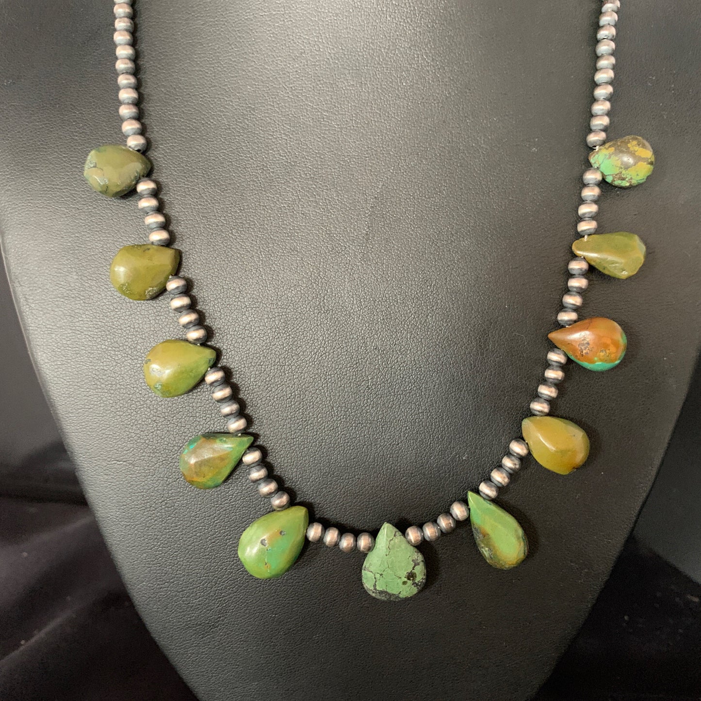 Teardrop Sterling Silver Beads Green Turquoise Necklace 20" 13508