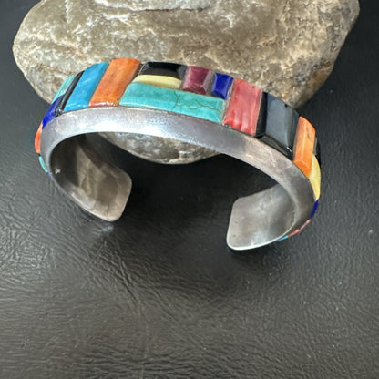 Mens Navajo Black Onyx Coral Turquoise Sterling Silver Cuff Bracelet Inlay 19501
