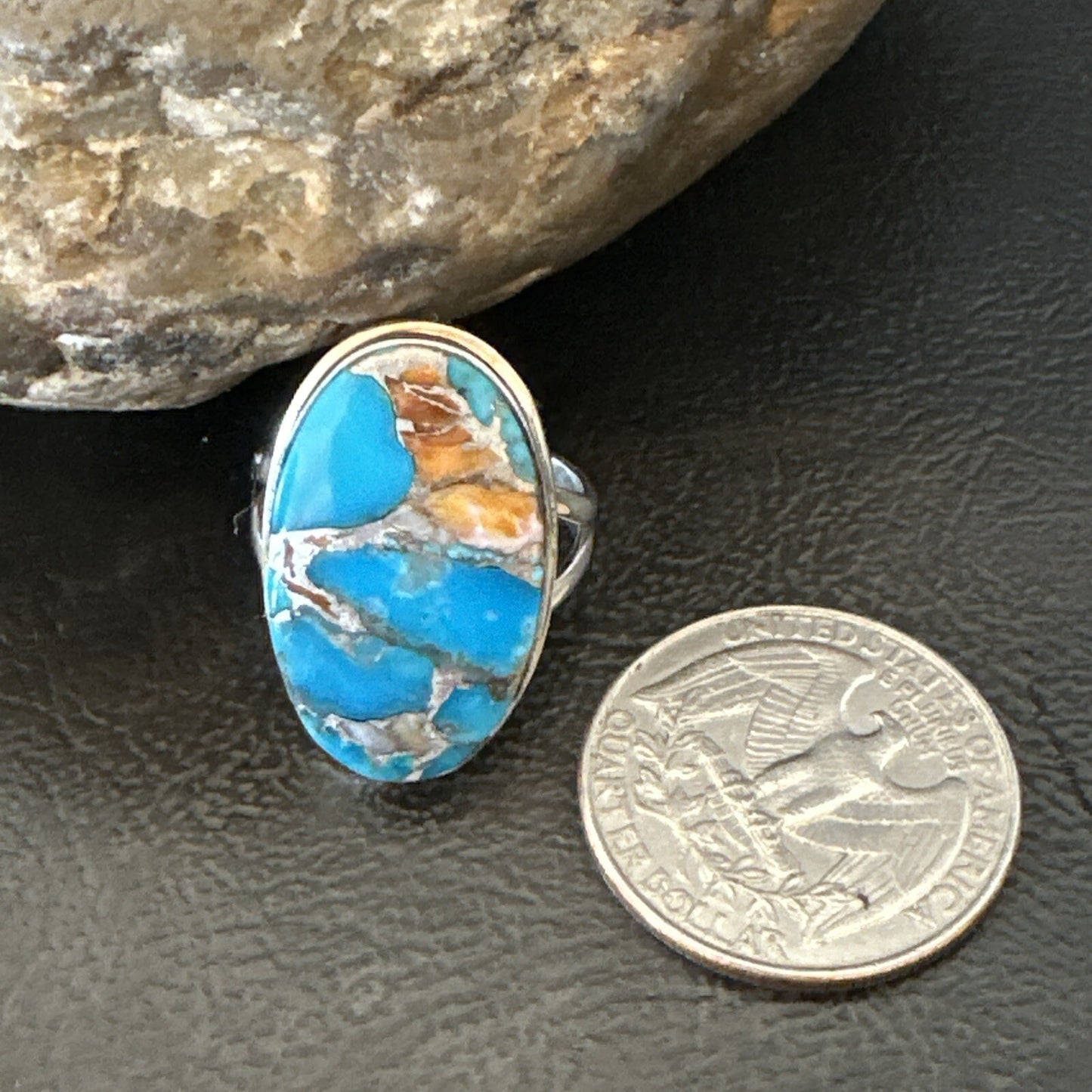 Blue Turquoise Spiny Oyster Southwestern Sterling Silver Ring Size 7 18443