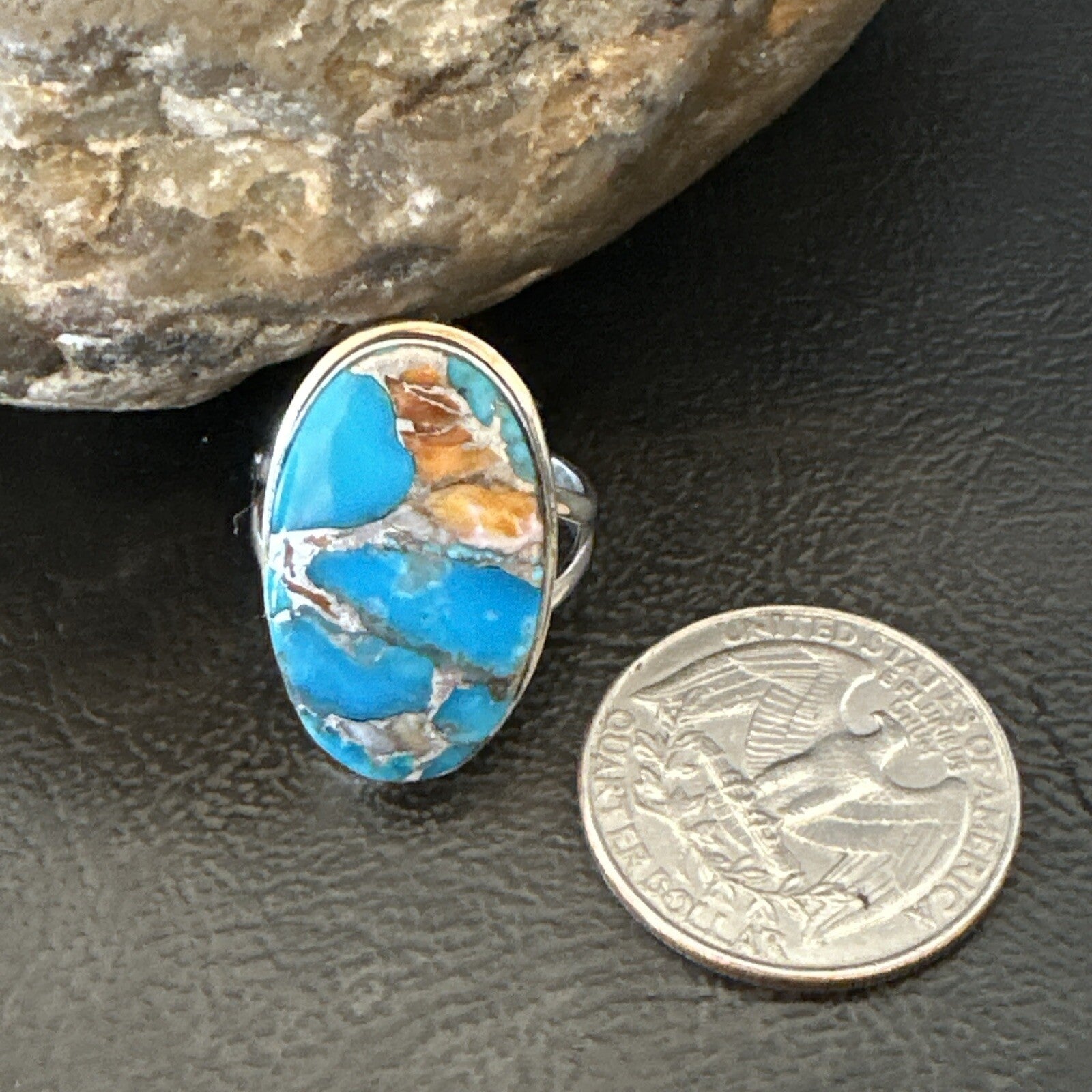 Blue Turquoise Spiny Oyster Southwestern Sterling Silver Ring Size 7 18443