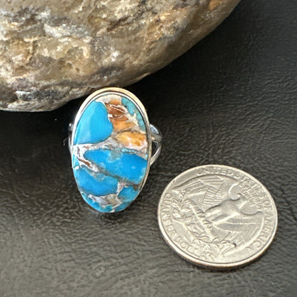 Blue Turquoise Spiny Oyster Southwestern Sterling Silver Ring Size 7 18443