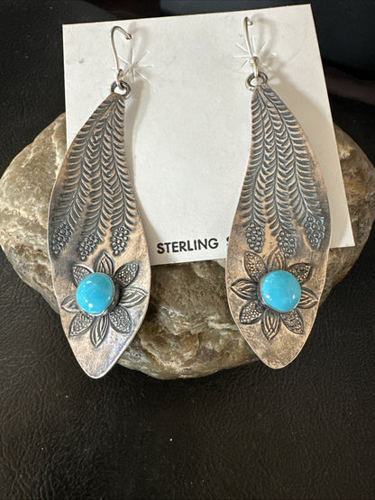 Womens Stamped Blue Turquoise Dangle Earrings Feather Sterling Silver 19785