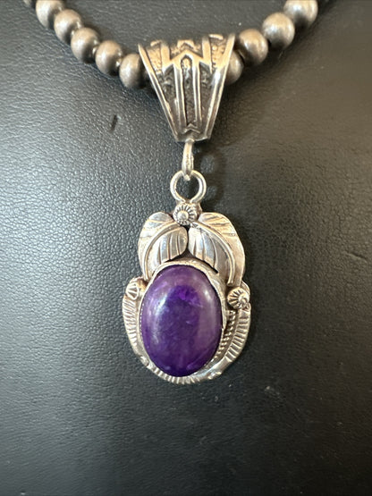 Purple Stone Pendant Navajo Pearls Sterling Silver Necklace 20” 18049