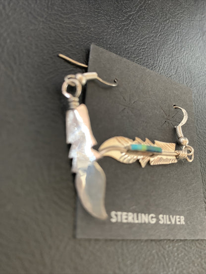 Blue Turquoise Sterling Silver Navajo Handmade Inlay Feather Earrings 13086
