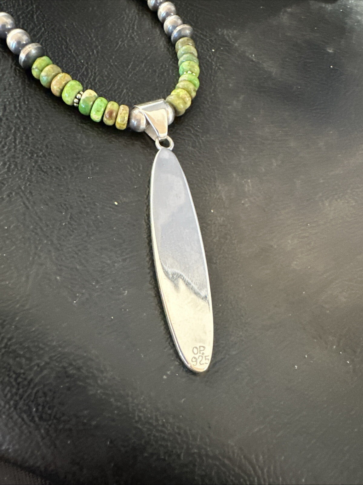 WoMens Green Gaspeite Turquoise Opal Pendant Sterling Silver Necklace 18666