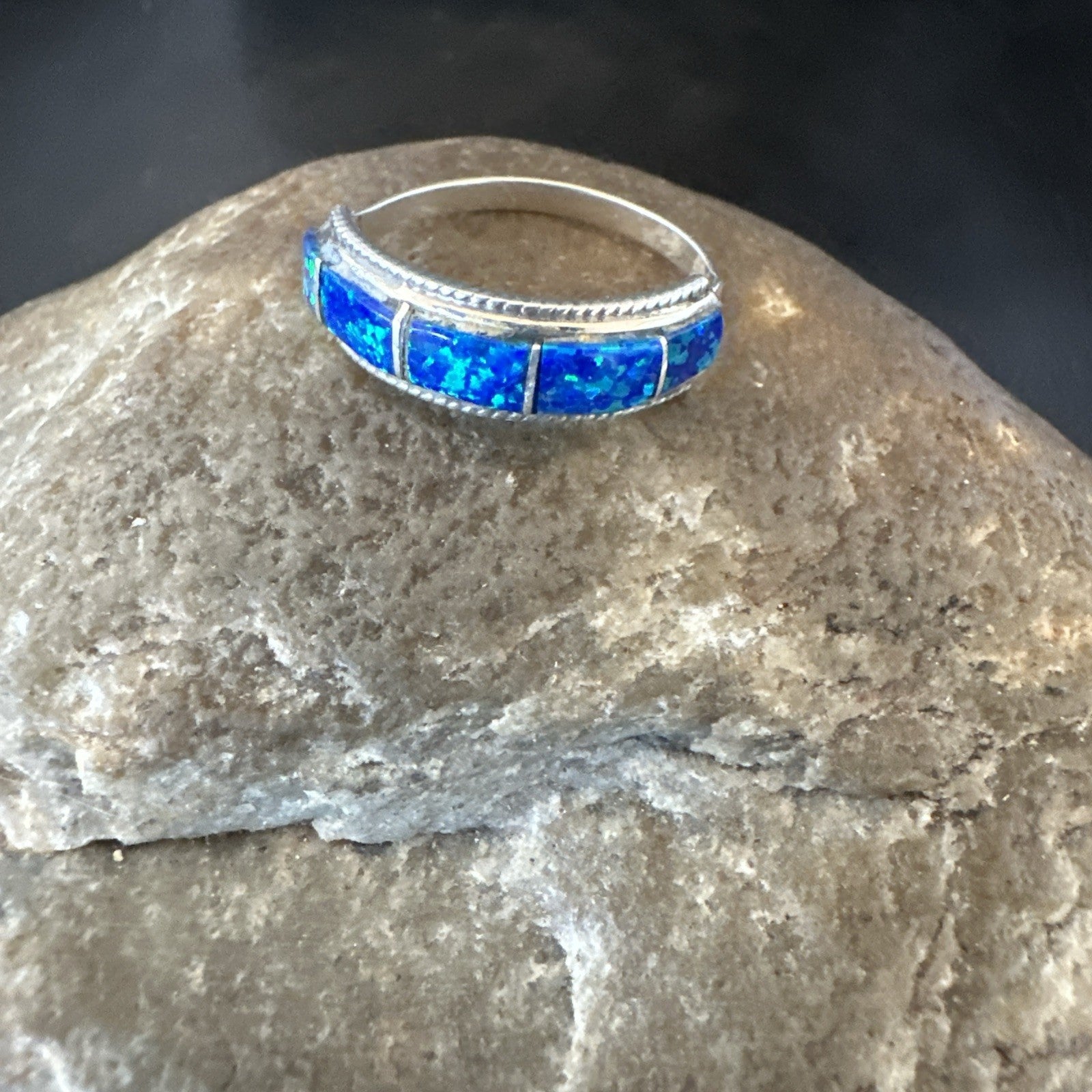 Blue Opal Navajo Sterling Silver Band Inlay Ring Size 7.5 19724