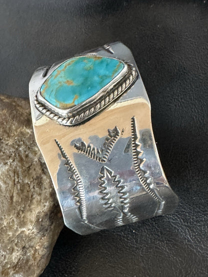 H Joe Blue Kingman Turquoise Navajo Sterling Silver Cuff Bracelet 8.2" 19423