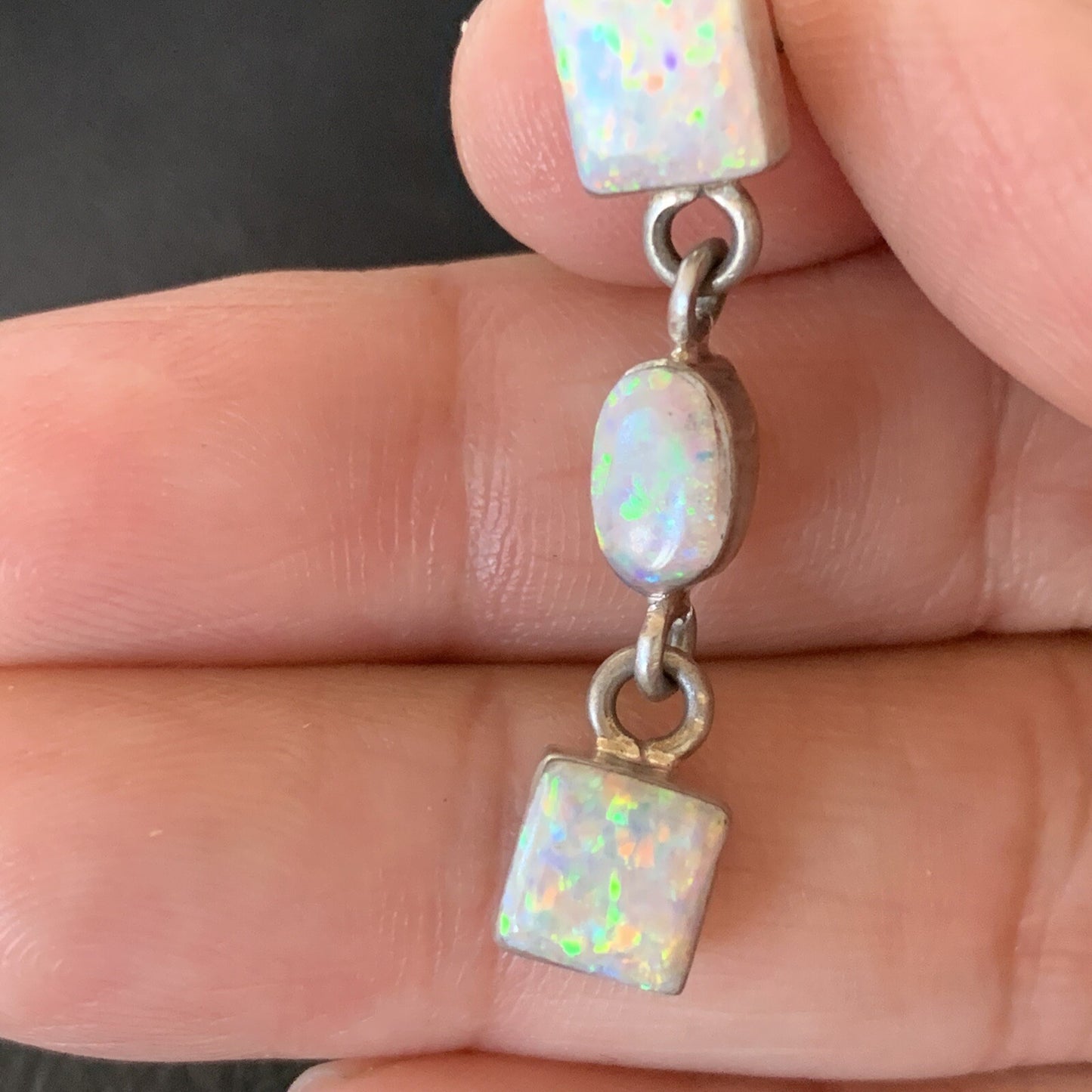 Womens White Opal Inlay Navajo Sterling Silver Dangle Post Earrings 1" 12769