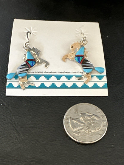 Blue Turquoise Coral Horse Inlay Navajo Sterling Silver Earrings 19827