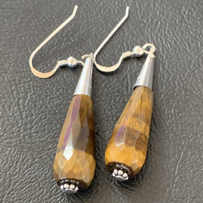 Coffee Tiger's Eye Navajo Sterling Silver Dangle Drop Bead Earrings 1.5" 11715