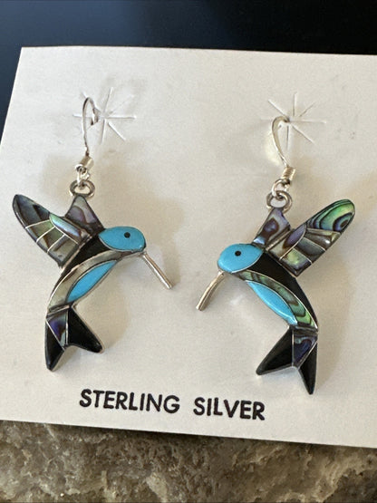 Blue Turquoise Pava Shell Sterling Silver Hummingbird Dangle Earrings 19814