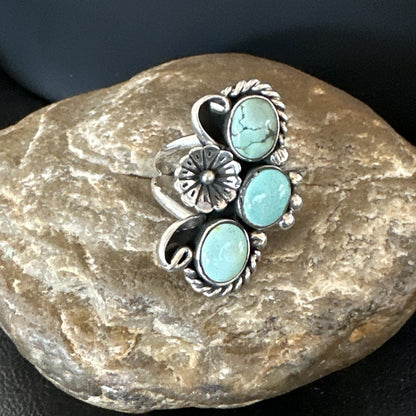 Yazzie Ring Green Turquoise Navajo Sterling Silver Cluster Size 8 19207