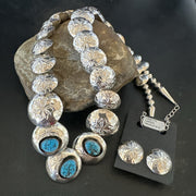Kingman Turquoise Pillow Bead Navajo Necklace Earrings 24" | Sterling Silver | Authentic Native American Handmade | 17768