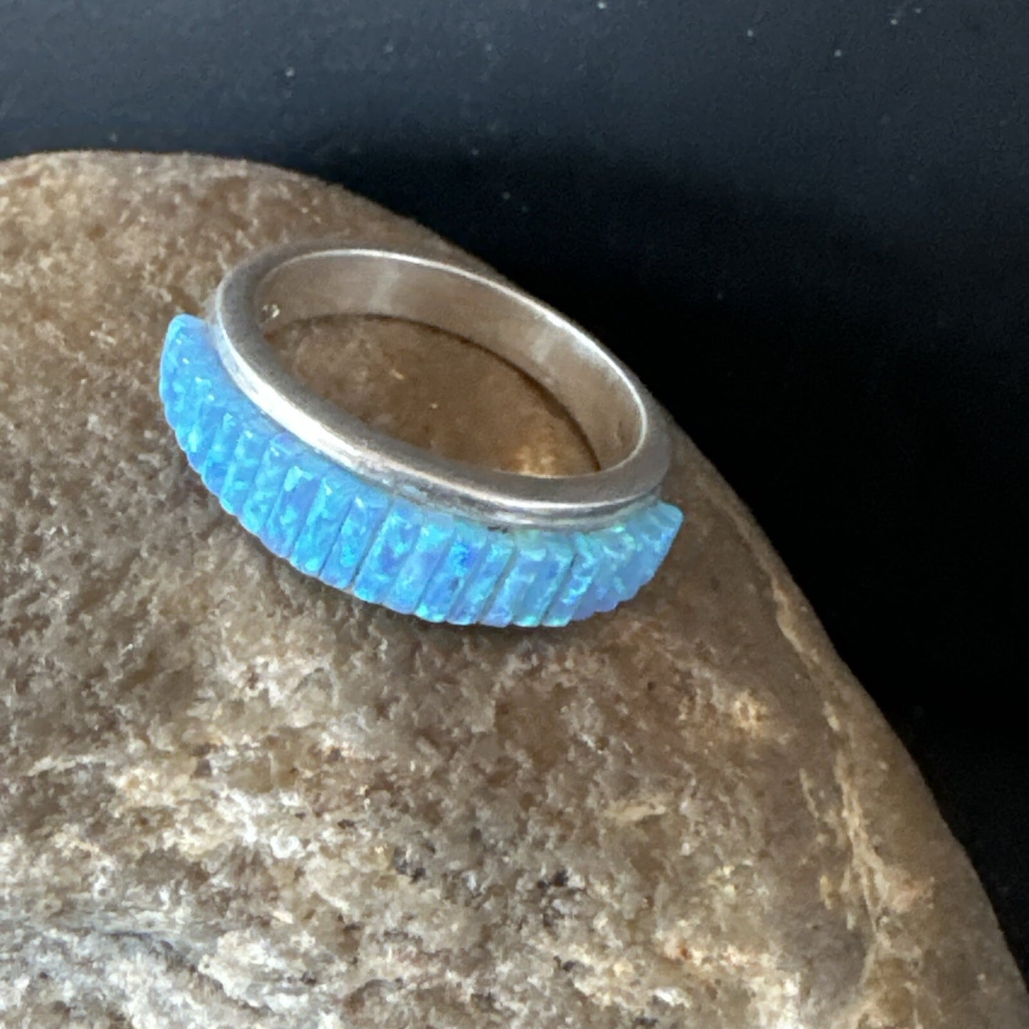 Blue Opal Navajo Sterling Silver Band Inlay Ring Size7 18800