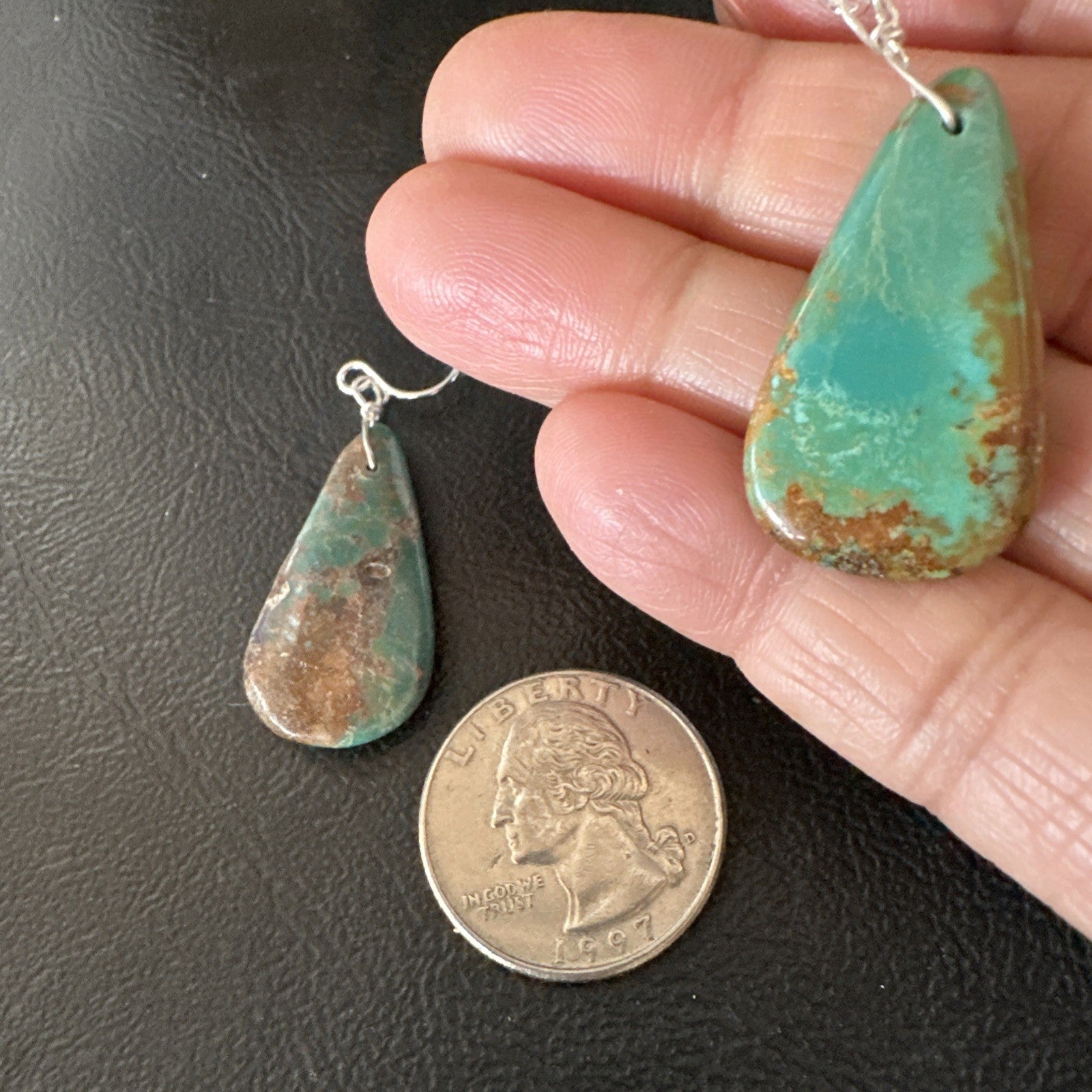 Green Turquoise Teardrop Sterling Silver Beads Navajo Earrings 1" 19041