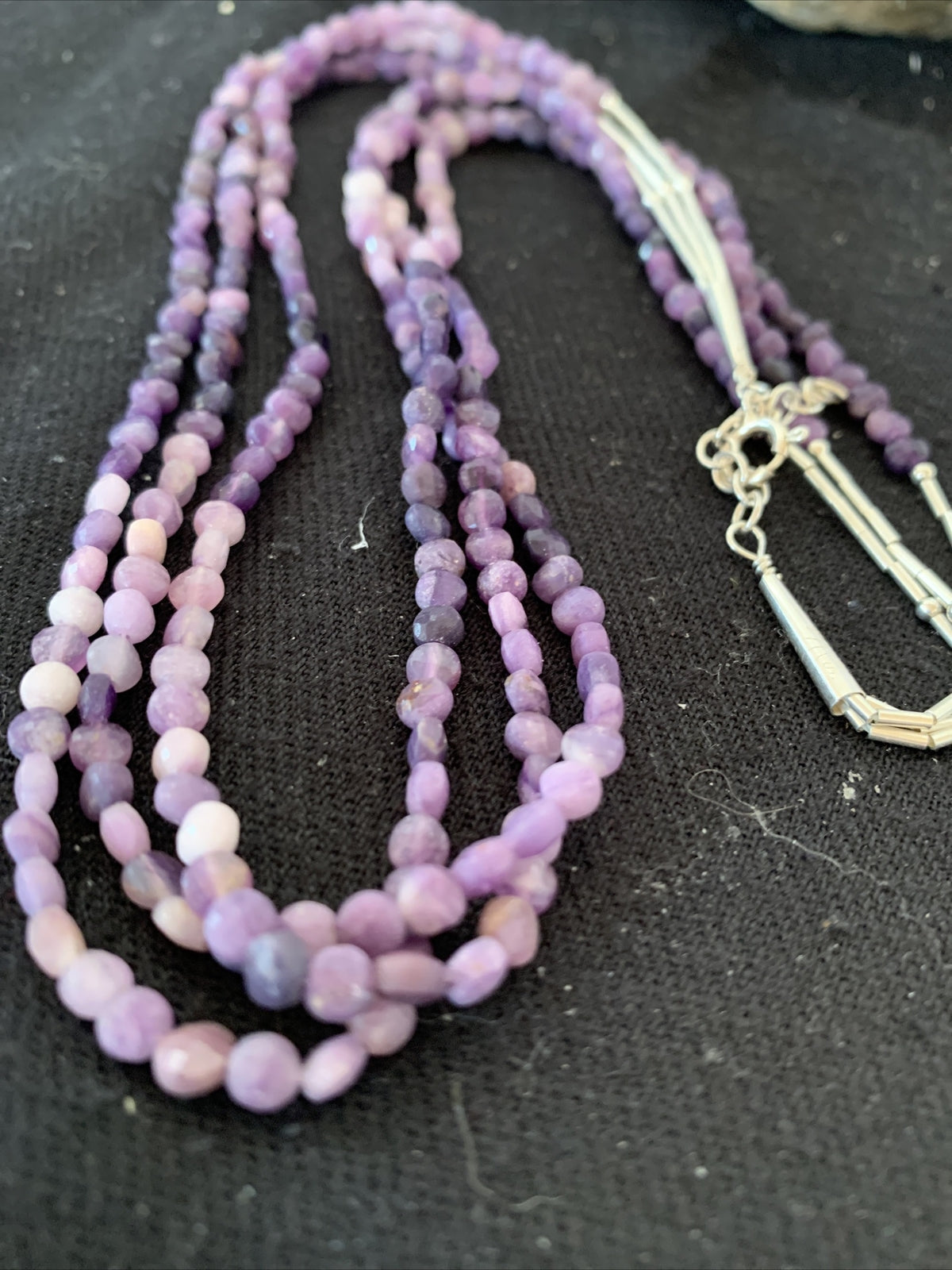 Purple Stone Beads Liquid Heishi 3 Strands Sterling Silver Tubes Necklace 850