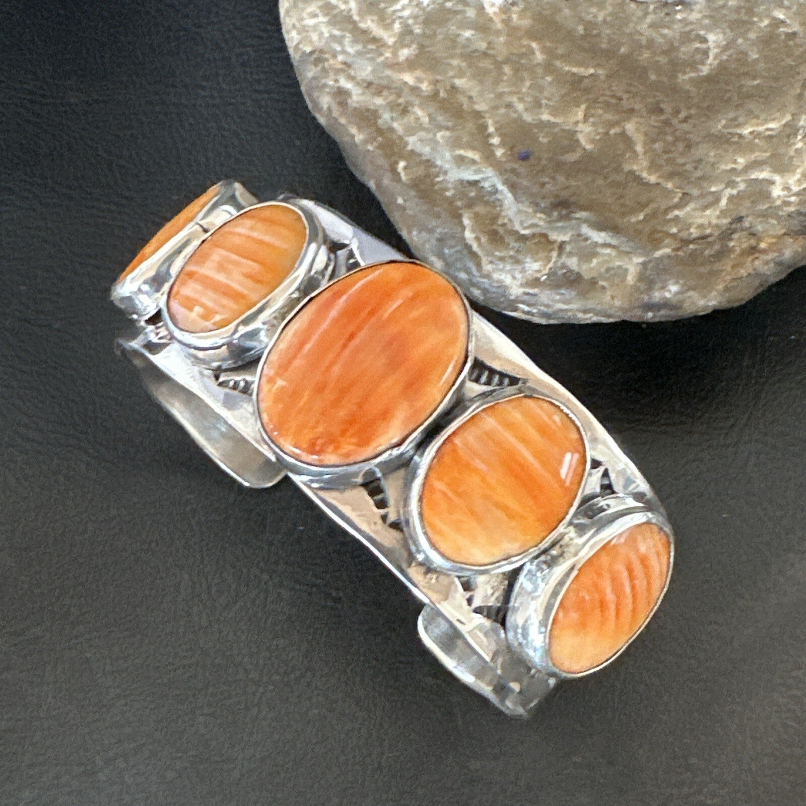 Stamped Orange Spiny Oyster Navajo Sterling Silver 5 Stone Cuff Bracelet 17942