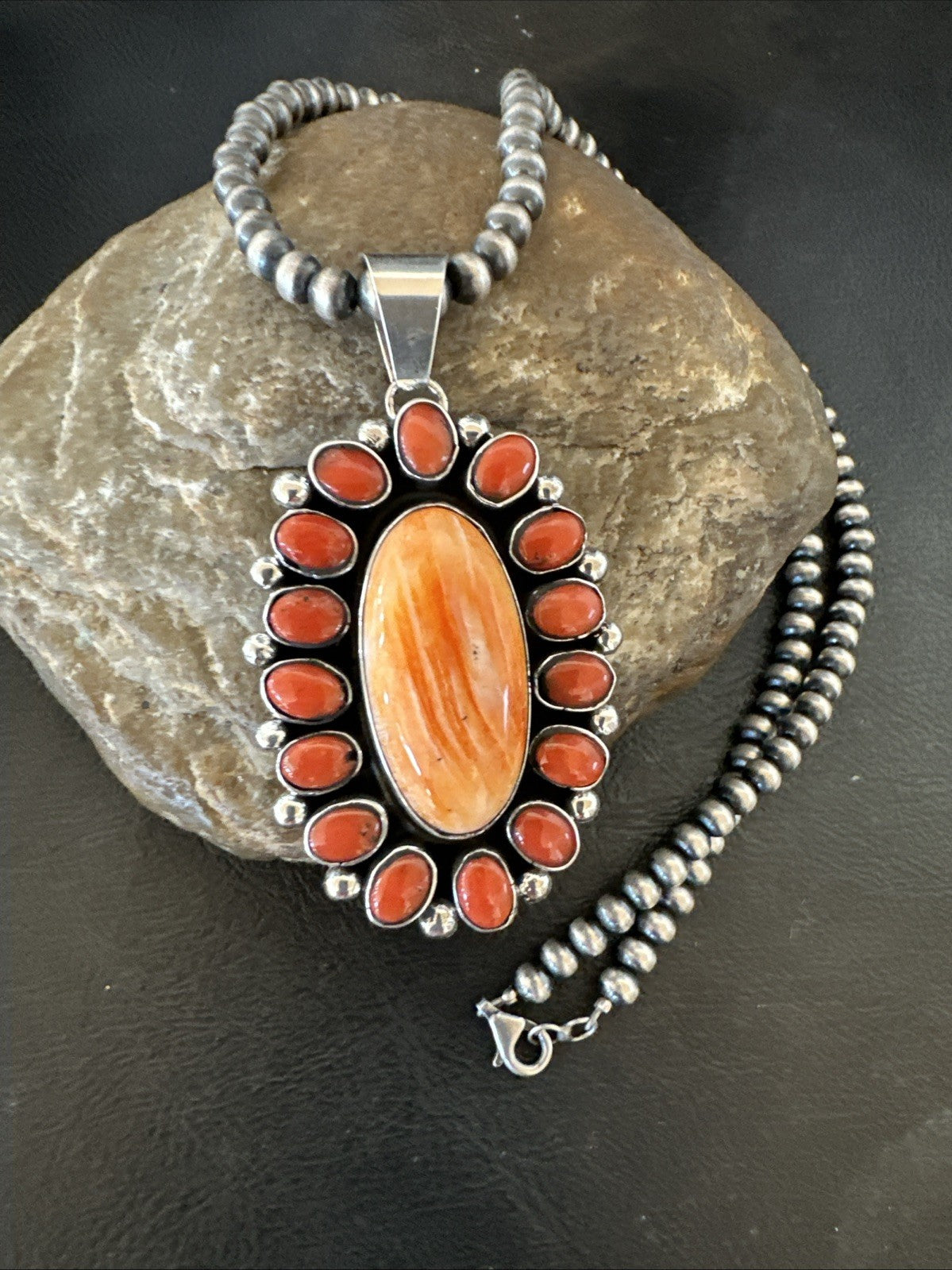 Red Coral Orange Spiny Navajo Sterling Silver Cluster Pendant Necklace 19565