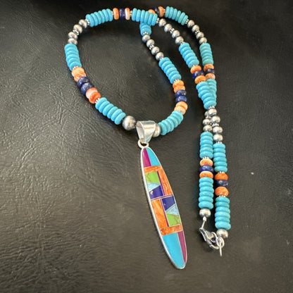 Multicolor Turquoise Spiny Navajo Sterling Silver Inlay Pendant Necklace 19653