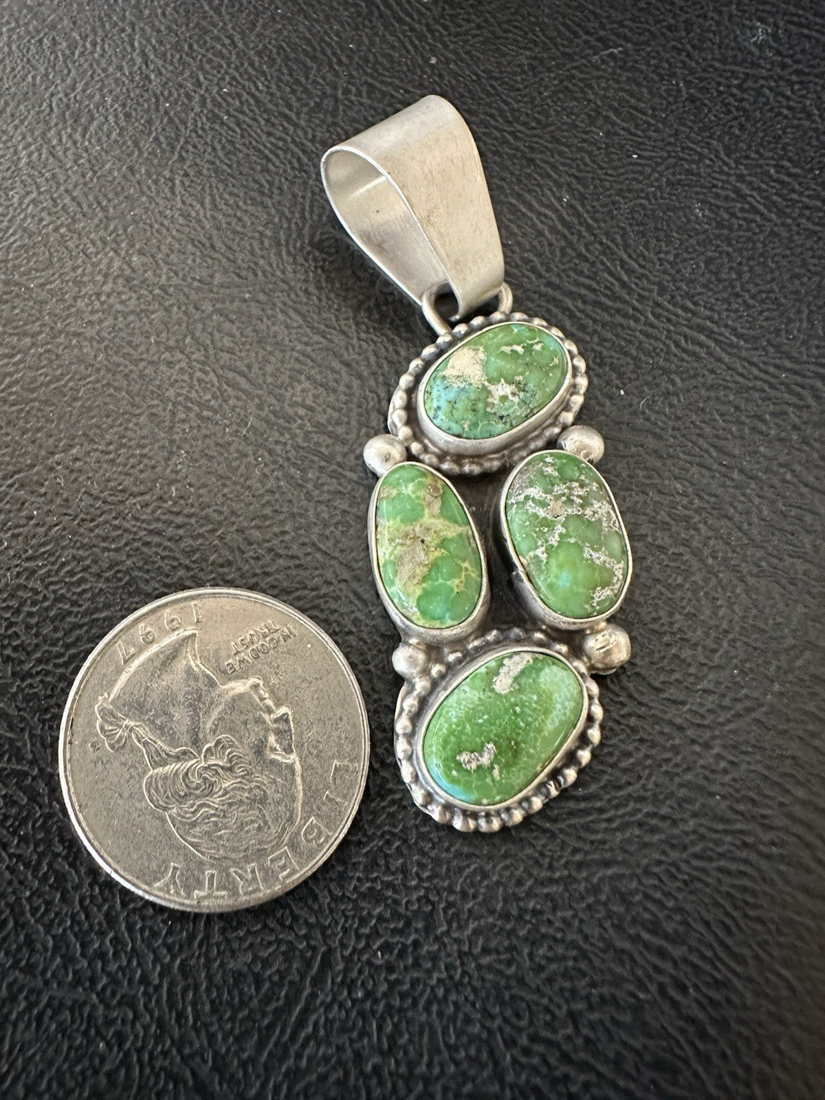 Green Sonoran Gold Turquoise Navajo Sterling Silver 925 Cluster Pendant 19400