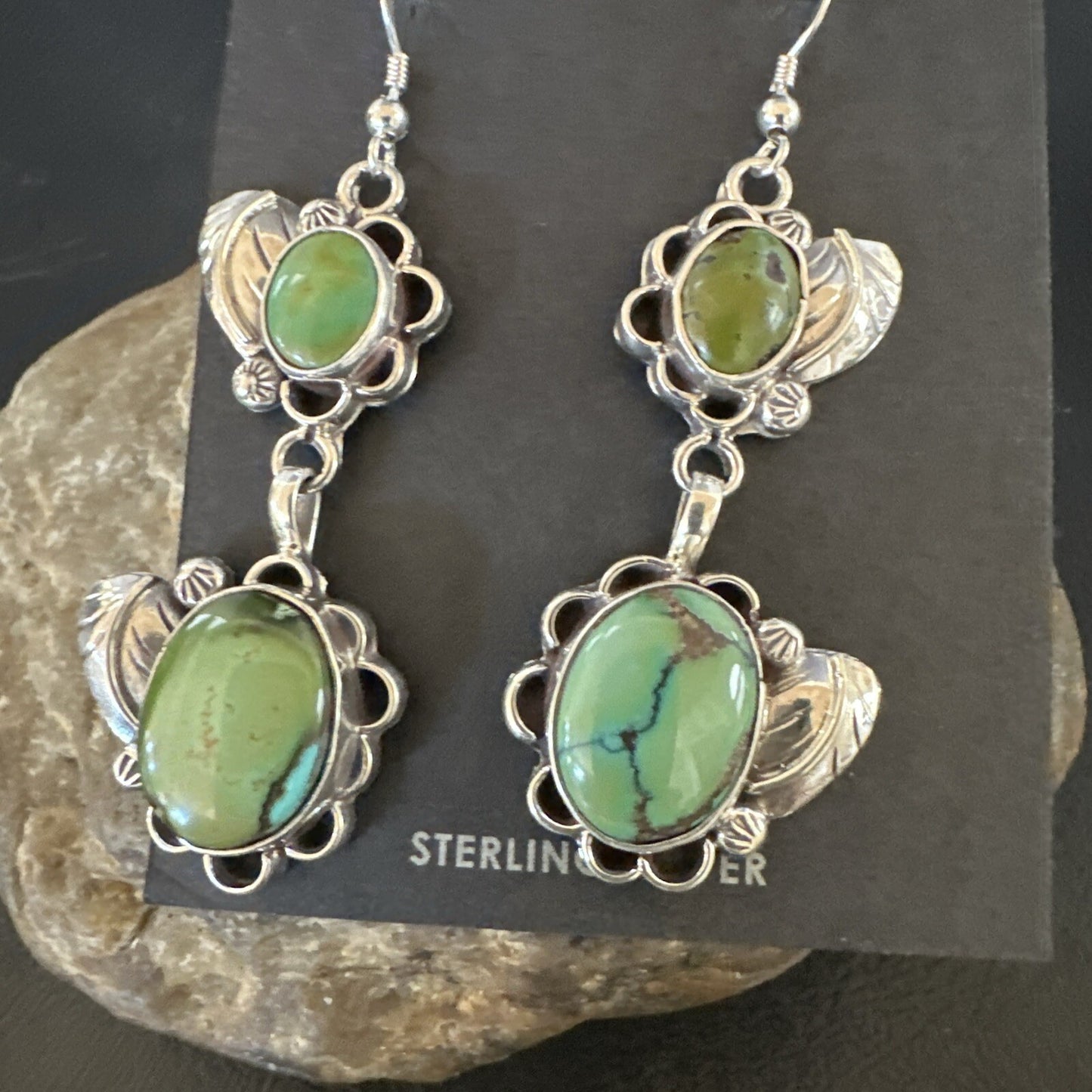 Native Navajo Green Turquoise Sterling Silver Dangle Earrings 2” 17693