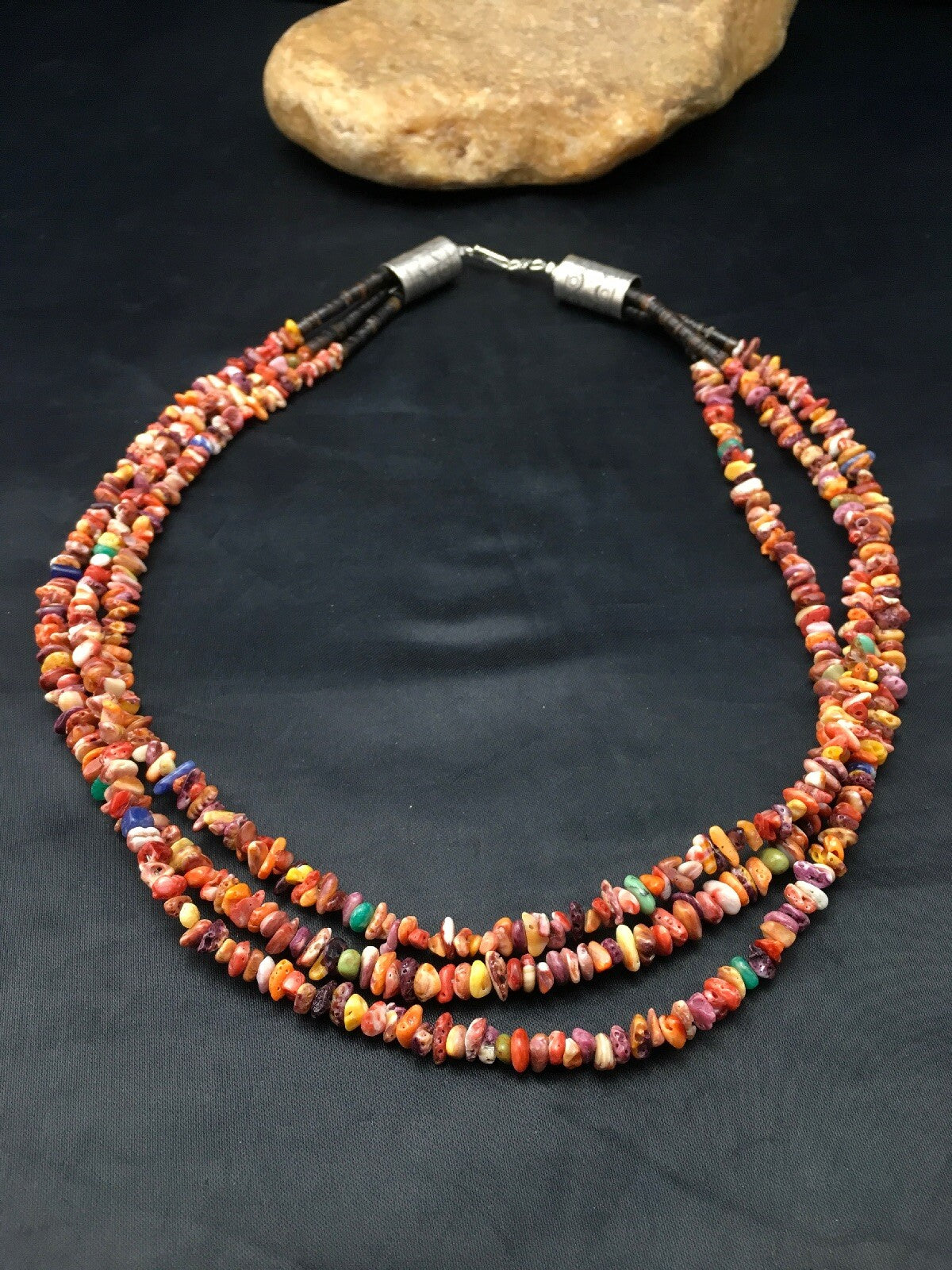 Spiny Oyster & Turquoise 3 Strand Navajo Indian Sterling Silver Necklace 4333